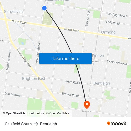 Caulfield South to Bentleigh map