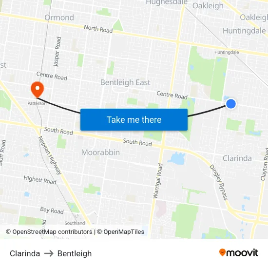 Clarinda to Bentleigh map