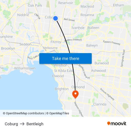 Coburg to Bentleigh map