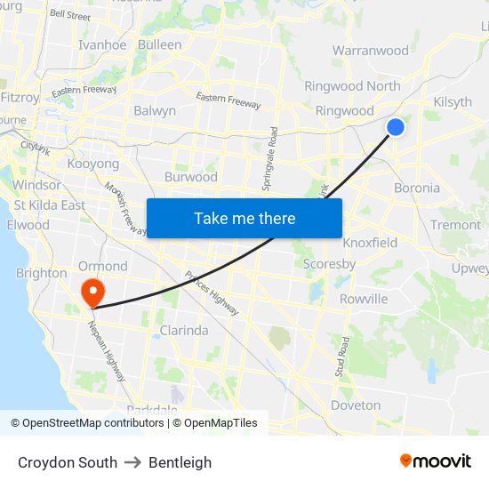 Croydon South to Bentleigh map