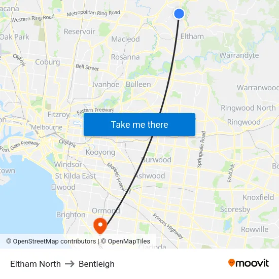 Eltham North to Bentleigh map