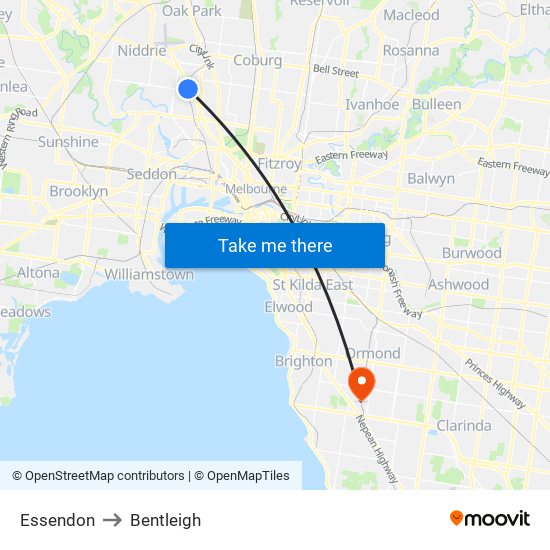 Essendon to Bentleigh map