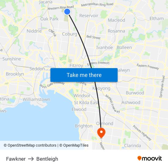 Fawkner to Bentleigh map