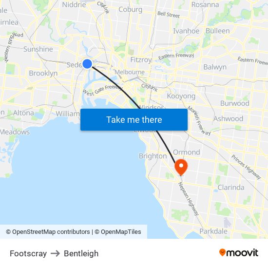Footscray to Bentleigh map