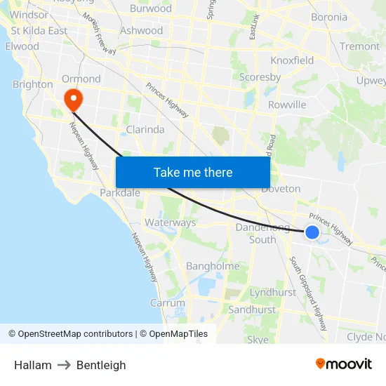 Hallam to Bentleigh map