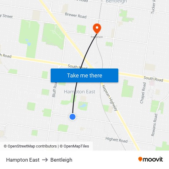 Hampton East to Bentleigh map