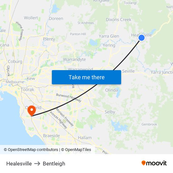 Healesville to Bentleigh map