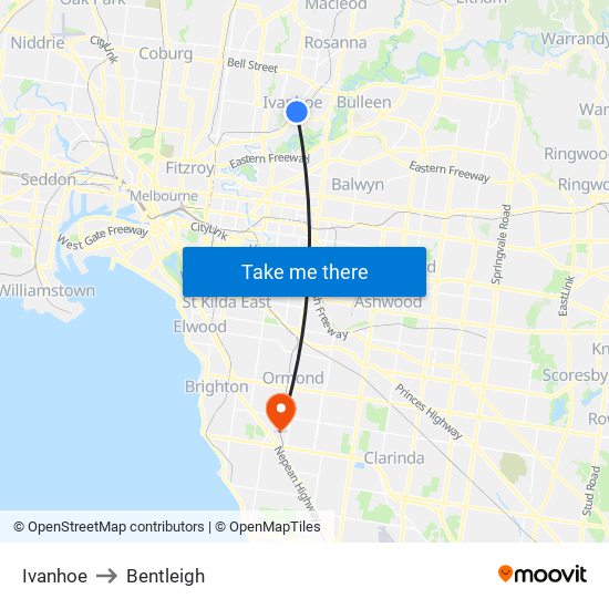 Ivanhoe to Bentleigh map