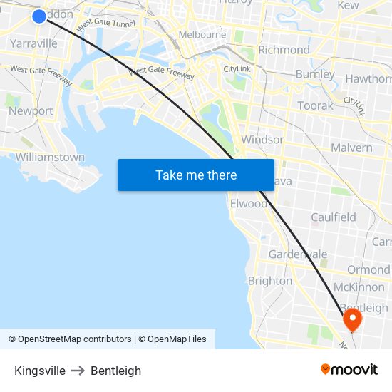 Kingsville to Bentleigh map