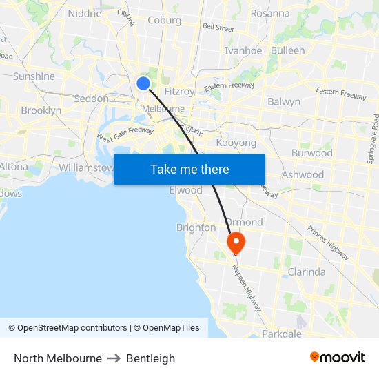 North Melbourne to Bentleigh map