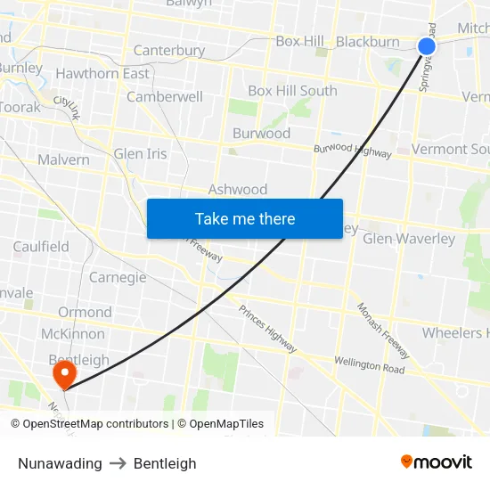 Nunawading to Bentleigh map