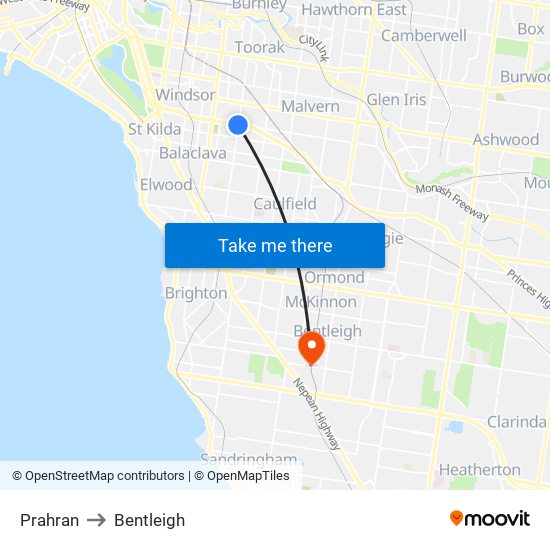 Prahran to Bentleigh map