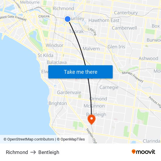 Richmond to Bentleigh map