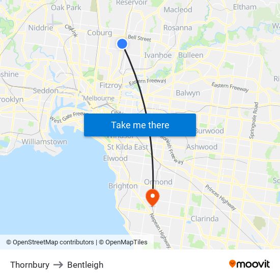 Thornbury to Bentleigh map