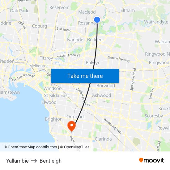 Yallambie to Bentleigh map