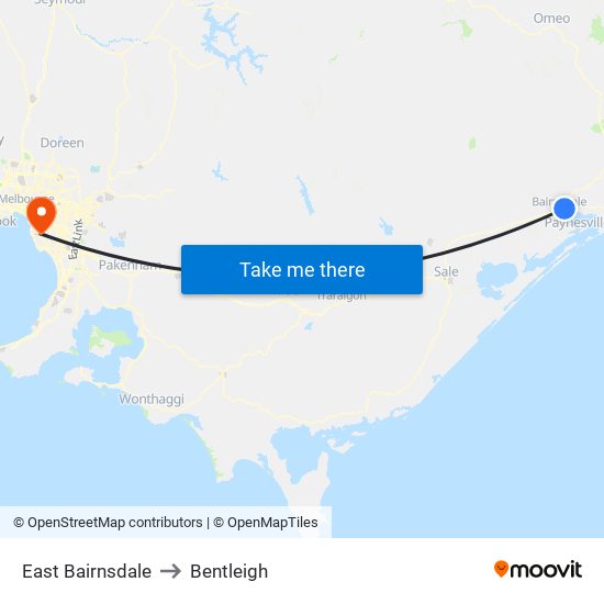 East Bairnsdale to Bentleigh map