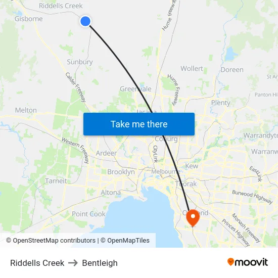Riddells Creek to Bentleigh map