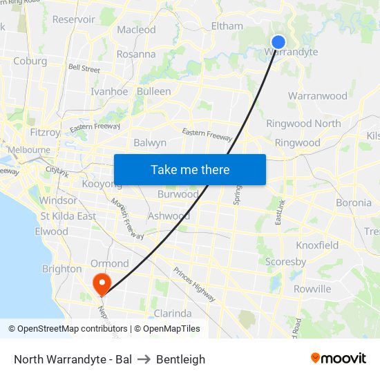 North Warrandyte - Bal to Bentleigh map