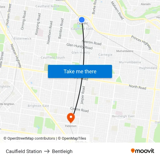 Caulfield Station to Bentleigh map