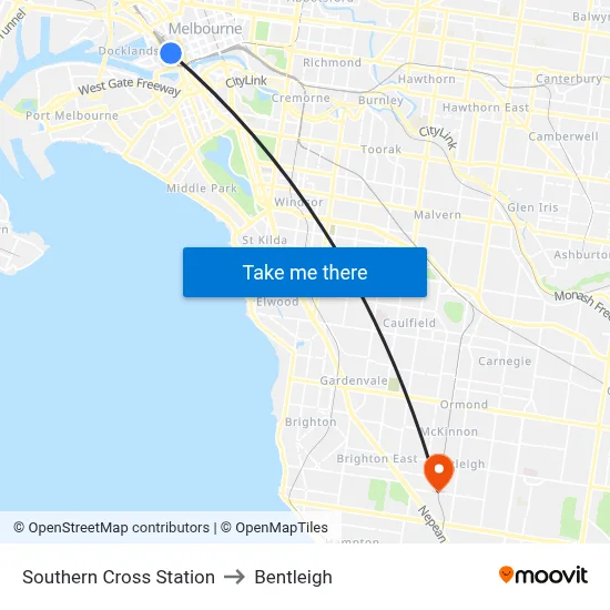 Southern Cross Station to Bentleigh map