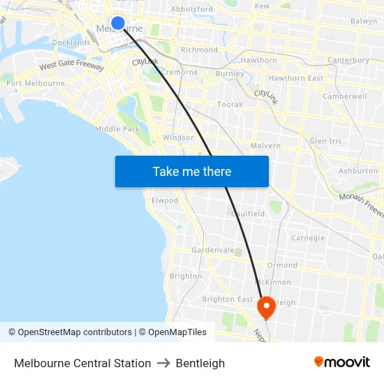 Melbourne Central Station to Bentleigh map