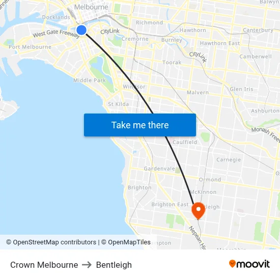 Crown Melbourne to Bentleigh map