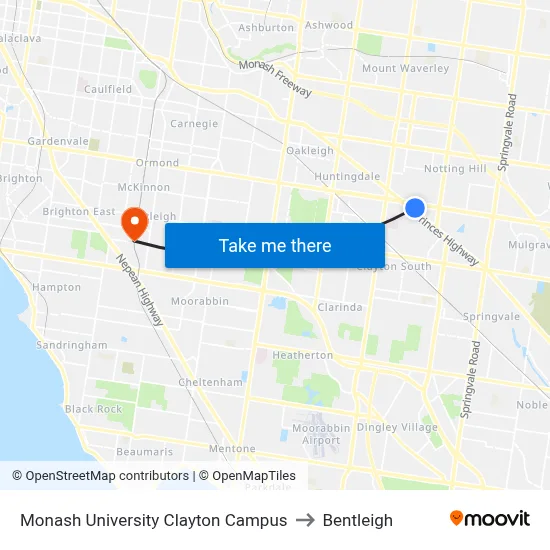 Monash University Clayton Campus to Bentleigh map