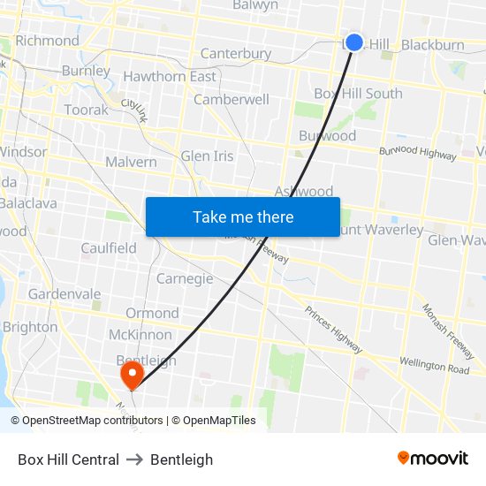 Box Hill Central to Bentleigh map