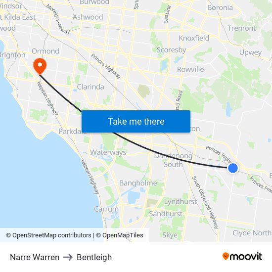 Narre Warren to Bentleigh map