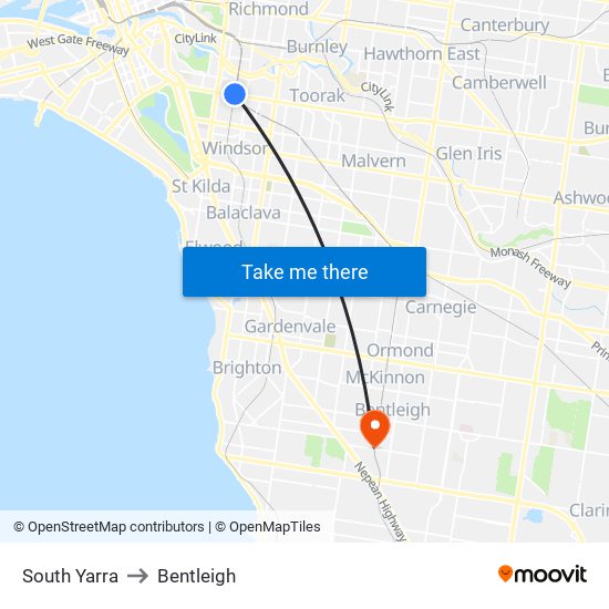 South Yarra to Bentleigh map