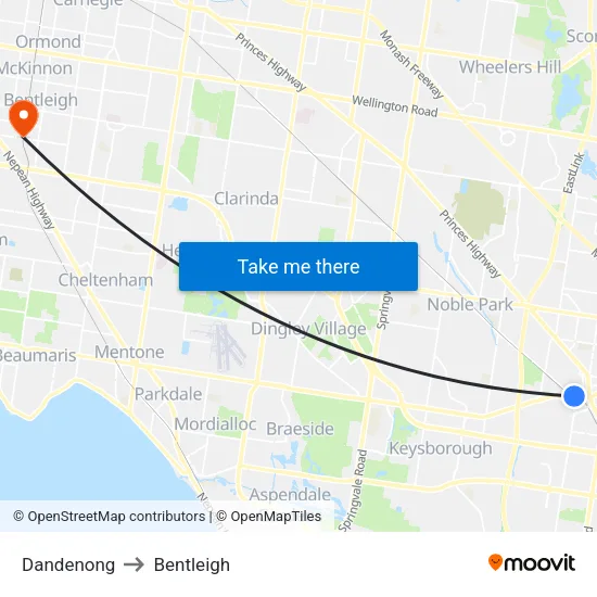 Dandenong to Bentleigh map
