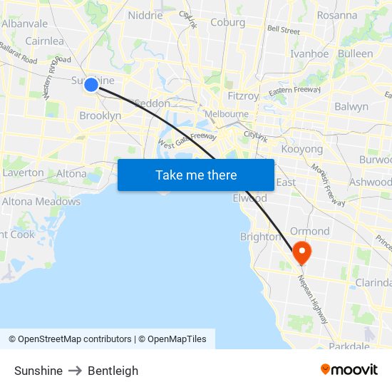 Sunshine to Bentleigh map