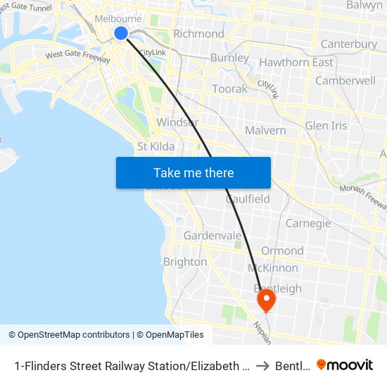 1-Flinders Street Railway Station/Elizabeth St (Melbourne City) to Bentleigh map