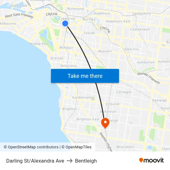 Darling St/Alexandra Ave to Bentleigh map
