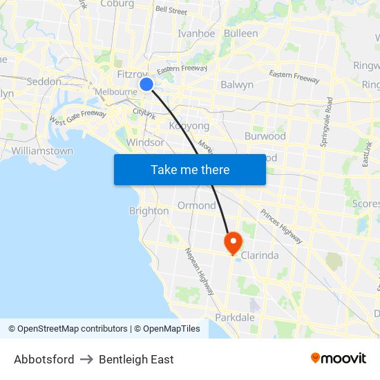 Abbotsford to Bentleigh East map