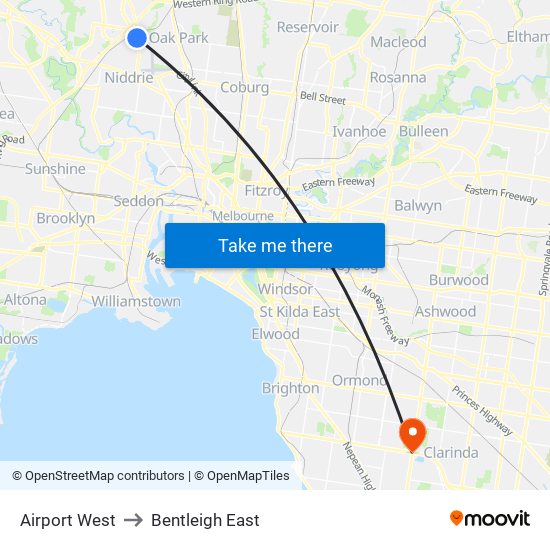 Airport West to Bentleigh East map