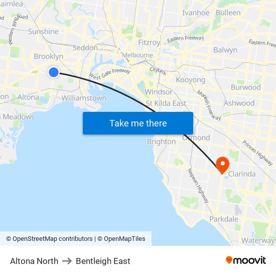 Altona North to Bentleigh East map