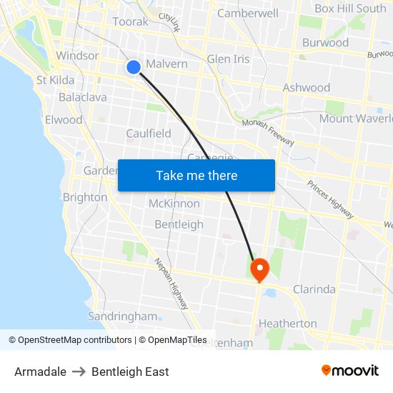 Armadale to Bentleigh East map