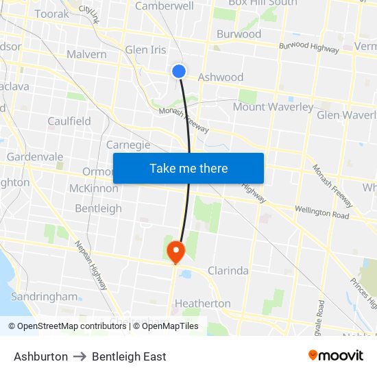 Ashburton to Bentleigh East map