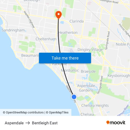 Aspendale to Bentleigh East map