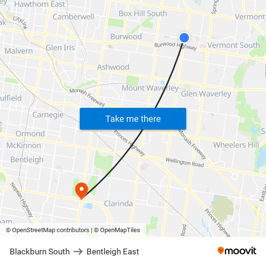 Blackburn South to Bentleigh East map