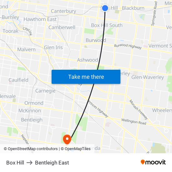 Box Hill to Bentleigh East map