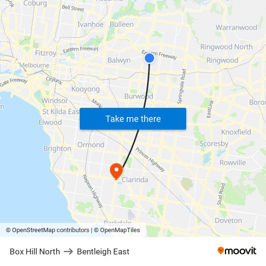 Box Hill North to Bentleigh East map