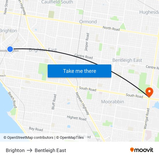Brighton to Bentleigh East map
