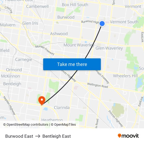 Burwood East to Bentleigh East map