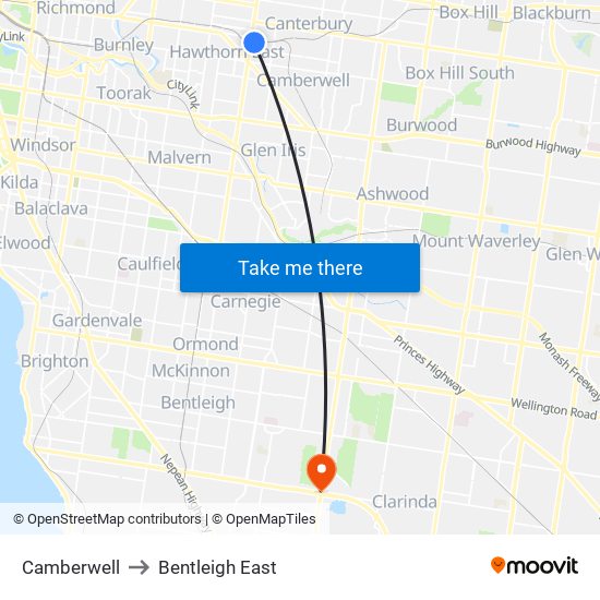 Camberwell to Bentleigh East map