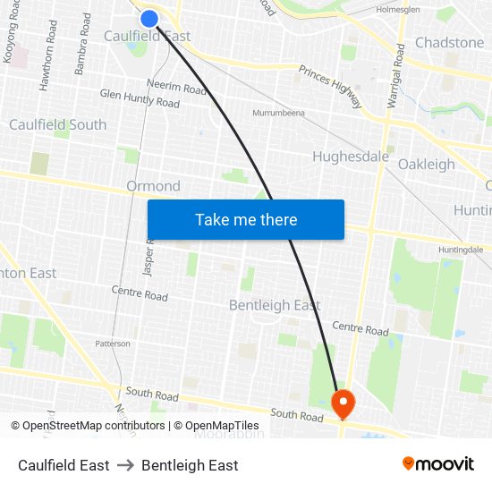 Caulfield East to Bentleigh East map