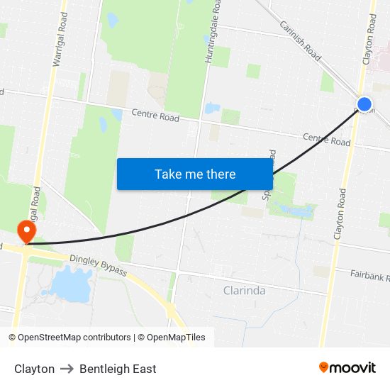 Clayton to Bentleigh East map