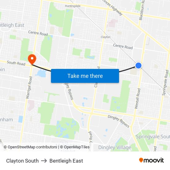 Clayton South to Bentleigh East map