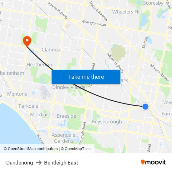 Dandenong to Bentleigh East map